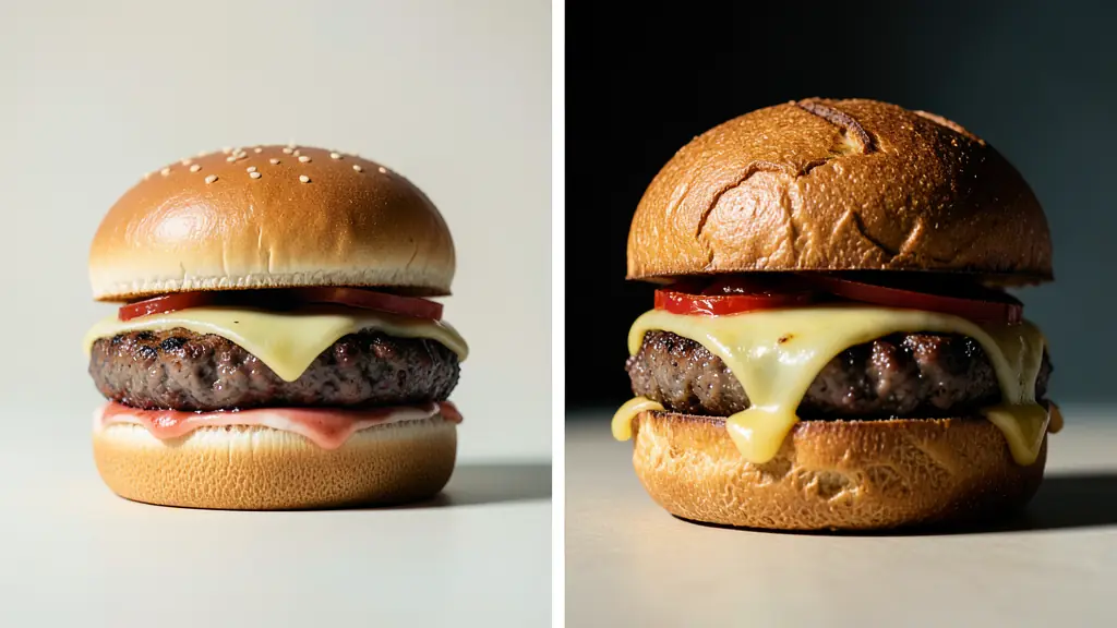 A side-by-side comparison showing a generic, brightly lit stock photo of a burger versus a high-contrast, custom studio shot of a gourmet burger with visible texture on the brioche bun and melting cheese.