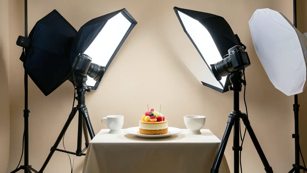A professional studio setup featuring a high-end camera on a tripod, a large softbox lighting modifier illuminating a plated dessert, and a variety of reflectors used to bounce light into the shadows.