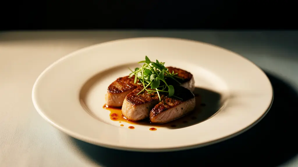 Editorial photograph of one plated entrée arranged asymmetrically, with warm directional light, a close crop, and dark negative space