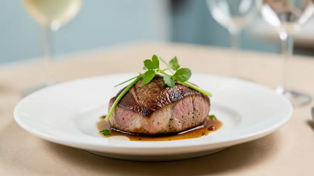 Editorial close-up of a plated entrée photographed with a 100mm macro lens, visible background compression, and precise garnish detail
