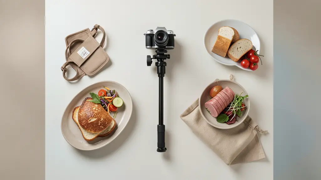 Editorial overhead food set with a rigid lateral-arm tripod, secured sandbags, and a leveled camera above a matte tabletop