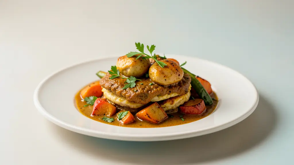 Editorial three-quarter photograph of layered chicken curry with visible roasted vegetables, controlled sauce placement, and fresh green herbs against negative plate space, no text or logo