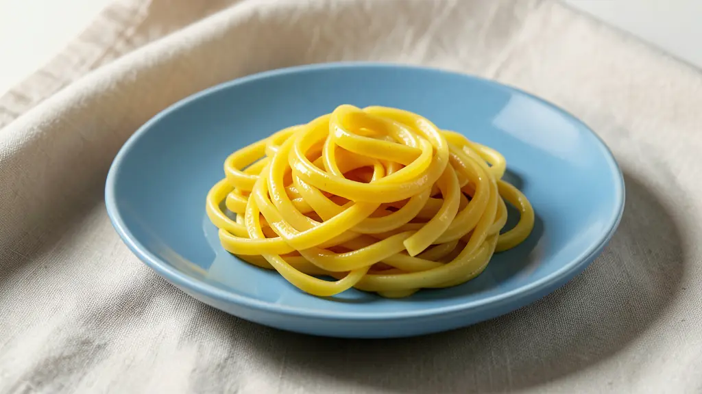High-end editorial scene of yellow pasta on a blue plate with soft side light, a restrained linen fabric, and defined glossy texture, no text or logo