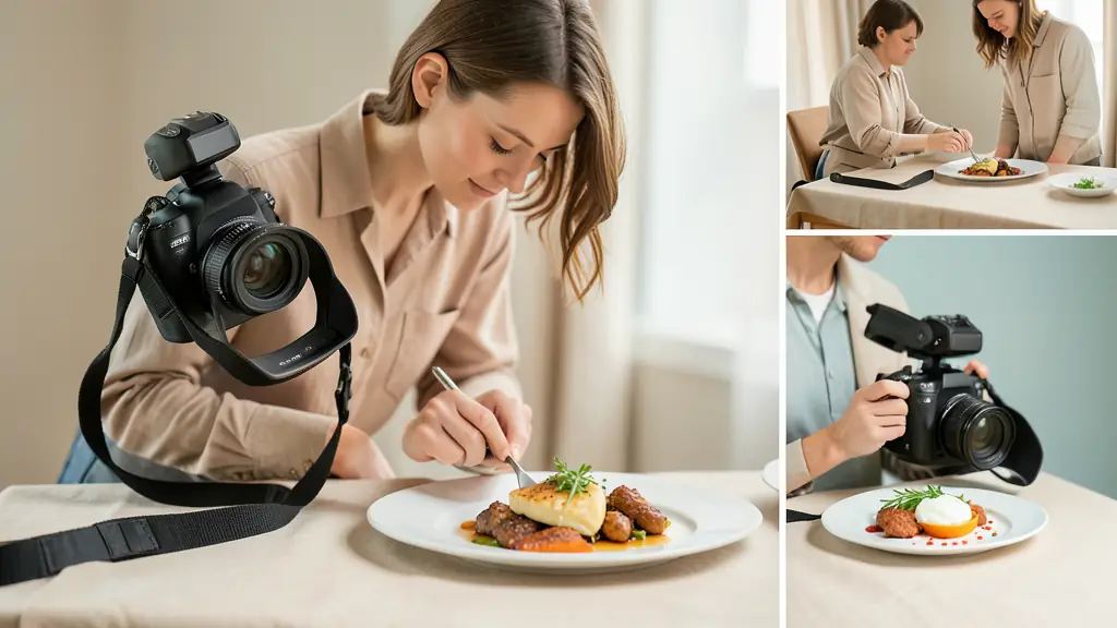 Commercial food stylist refining a hero plate beside a tethered camera, duplicate ingredients and continuity reference frames visible