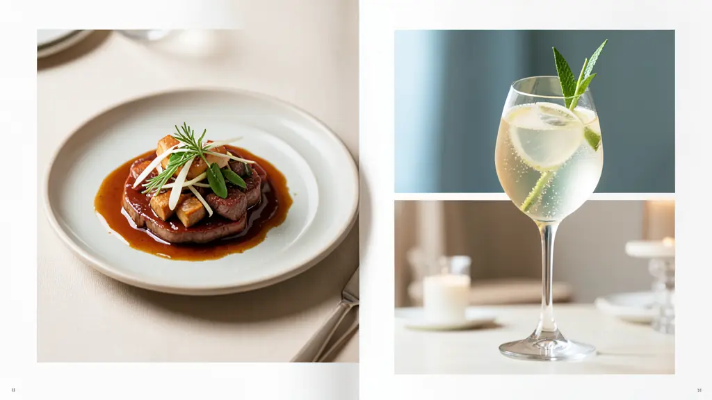 Curated food styling portfolio spread featuring a glossy hero dish, sparkling cocktail, and matched continuity frames