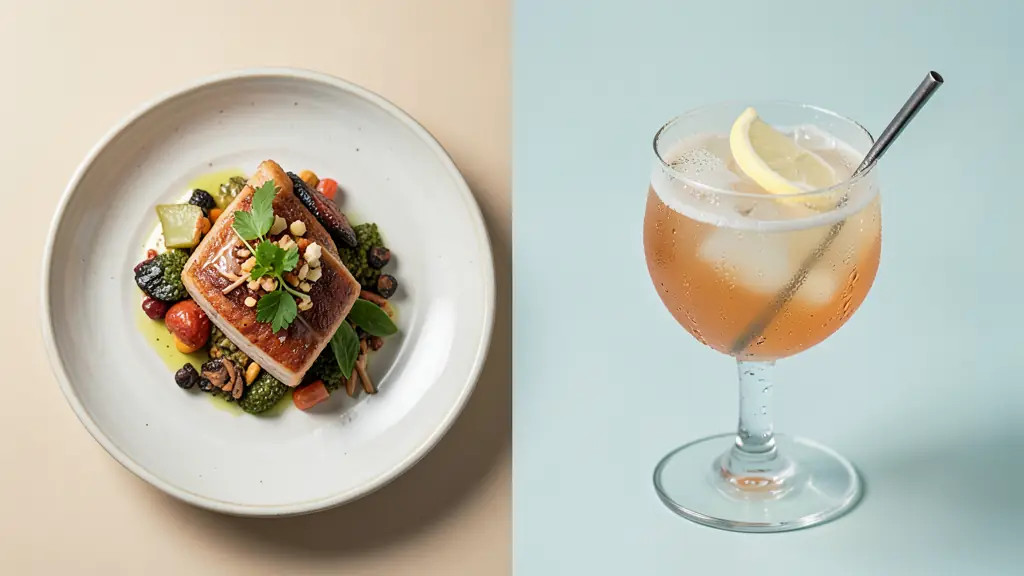 Editorial test shoot featuring a refined hero dish, an overhead ingredient composition, and a condensation-covered cocktail under controlled studio light, no text or logos