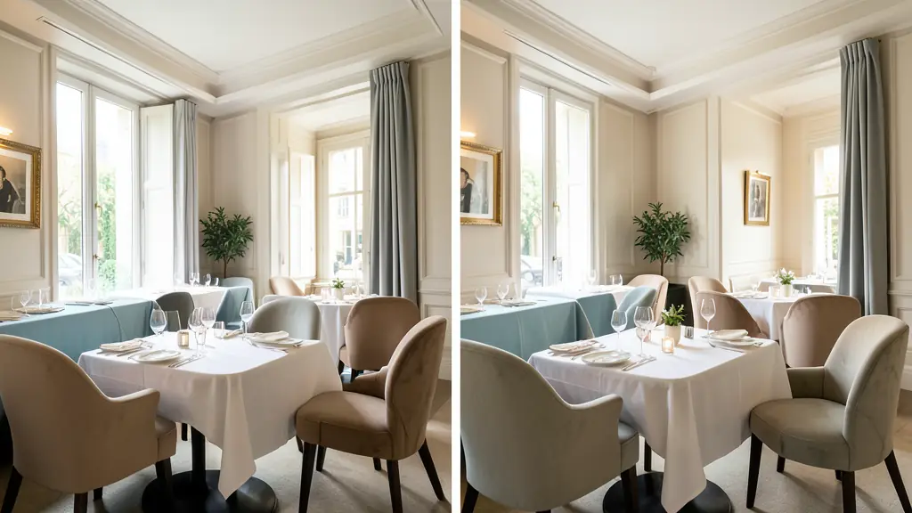 A side-by-side comparison of a single RAW exposure and a 5-bracket HDR merge of a luxury restaurant interior with bright window light