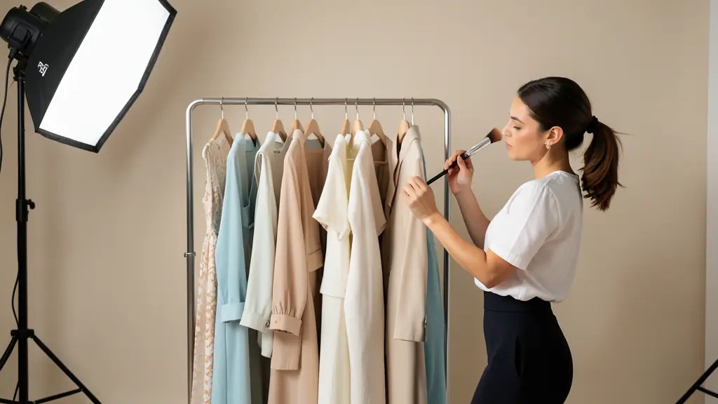 An editorial fashion shoot in a professional studio, featuring a high-end lighting setup with softboxes, a clothing rack with curated outfits, and a makeup artist applying finishing touches to a model.