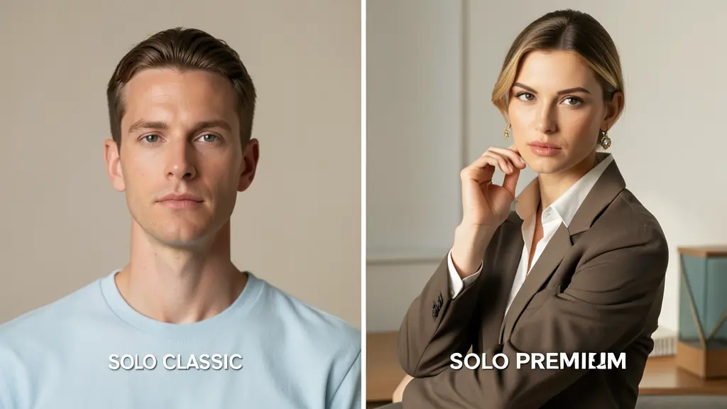 A split-screen comparison showing a 'Solo Classic' simple headshot versus a 'Solo Premium' high-fashion editorial shot with complex lighting and professional styling.