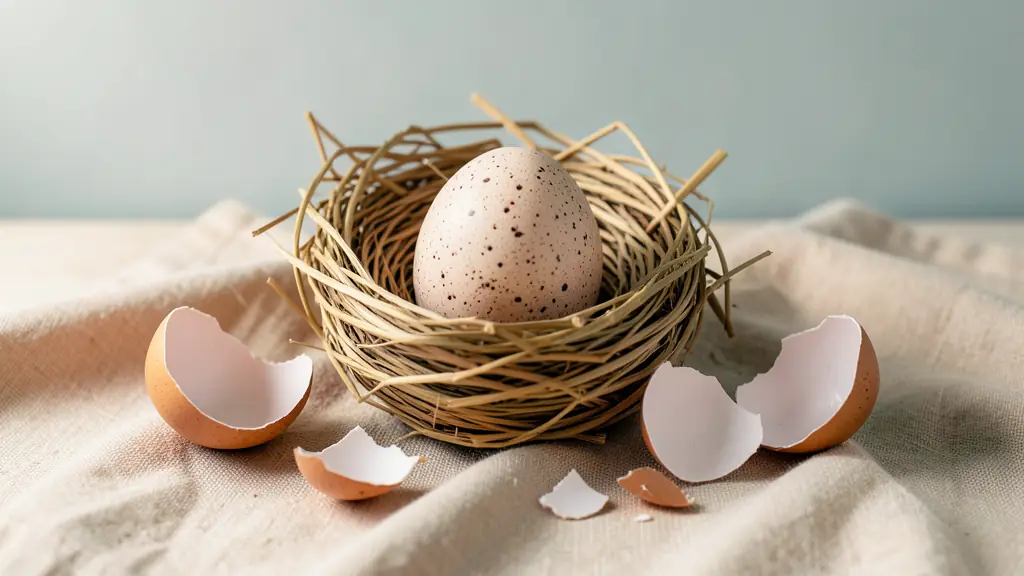 Editorial still life of one speckled egg in a straw nest, soft side light, broken shell fragments on warm linen