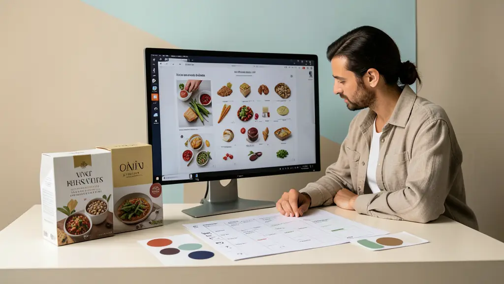 Art director reviewing a digital mood board beside a printed shot list, with premium food packaging and color swatches arranged on a studio table