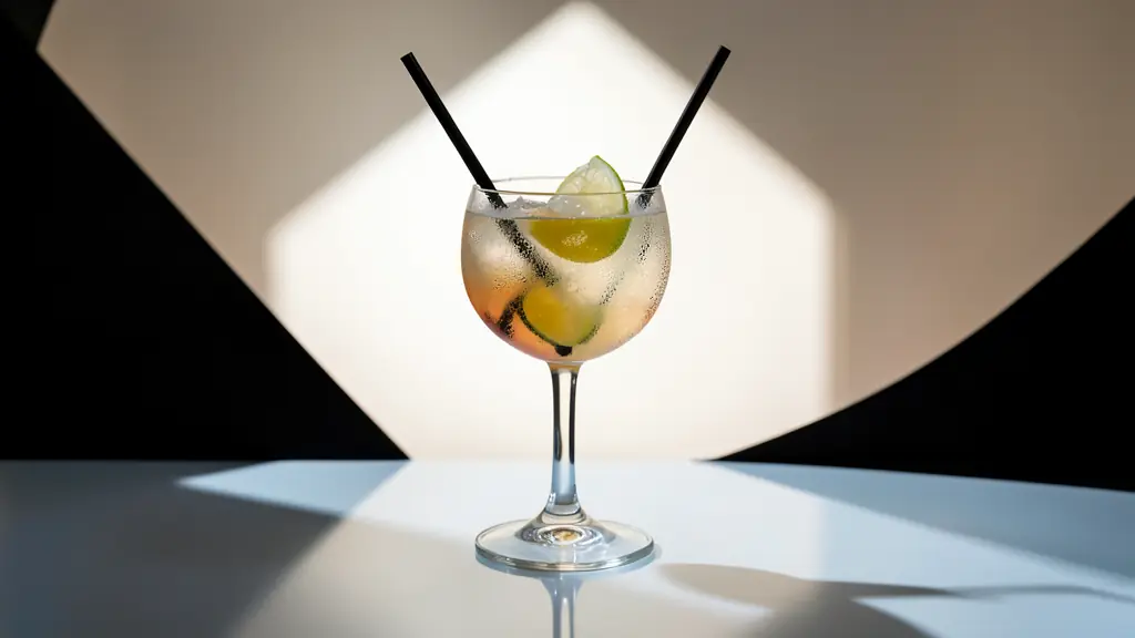 Premium cocktail on a studio set with controlled backlight, a gridded strobe, and black flags shaping condensation and glass reflections