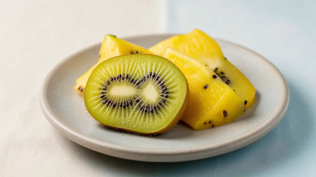 Editorial food photography of sliced golden kiwi and yellow dragon fruit arranged on a matte ceramic plate, featuring natural light and macro details of the seeds.