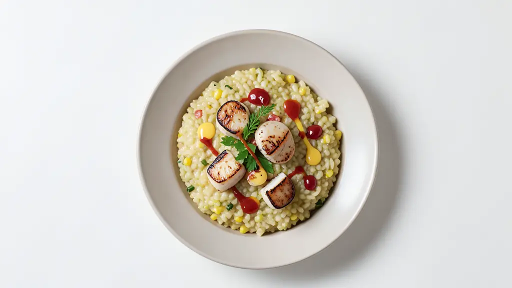 A top-down editorial shot of corn risotto with seared scallops, featuring a drizzle of saffron butter and a minimalist white background.