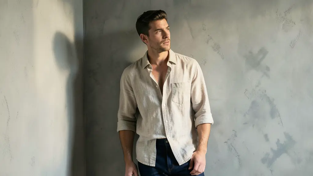 A cinematic shot of a man in an unbuttoned linen shirt and dark denim, leaning against a textured grey wall with soft side-lighting