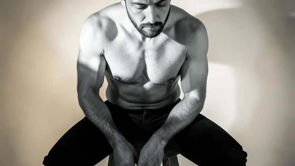 A black-and-white close-up of a man sitting on a wooden stool, utilizing dramatic overhead lighting to create strong shadows on the torso