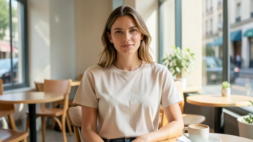 A lifestyle shot of a model wearing a premium T-shirt in a sun-drenched urban cafe, emphasizing natural fabric drape and soft environmental lighting