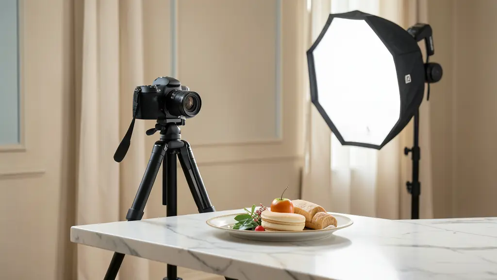 A high-end commercial photography set featuring a professional camera on a tripod, a precise lighting softbox, and a meticulously styled dish on a marble surface.