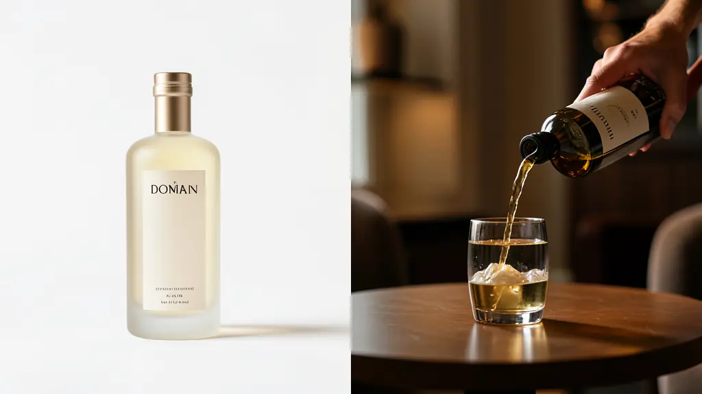 A split-screen composition showing a minimalist product shot of a luxury bottle on a white background and a warm, atmospheric lifestyle shot of the same bottle being poured into a glass in a dim lounge.