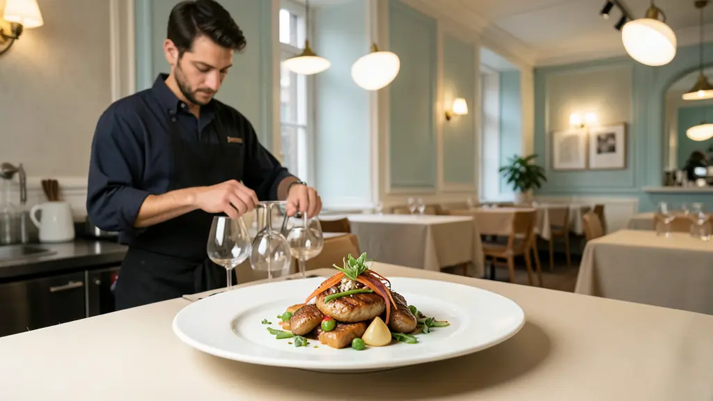 Editorial restaurant production scene with a styled entrée under studio lights, a bartender polishing glassware, and a visible dining-room interior, no text or logos
