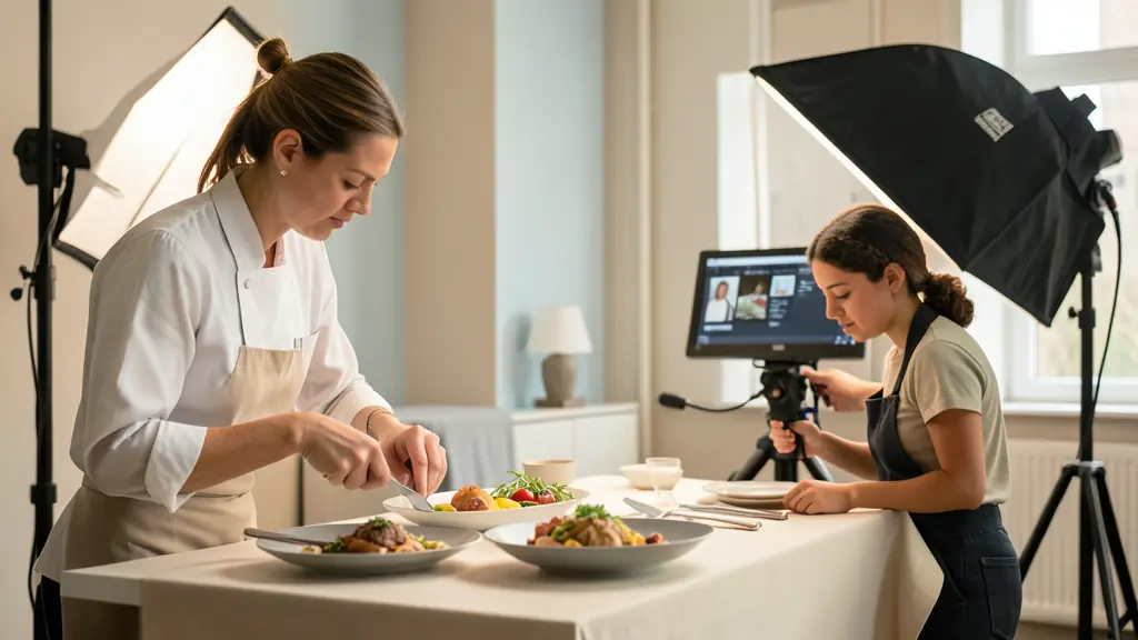 Editorial commercial photo set with a food stylist adjusting a plated dish, an assistant positioning a softbox, and a tethered review monitor, no text or logos